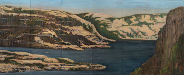 The Gorge at the Dalles, 36 x 86 screen print and oil painting on panel