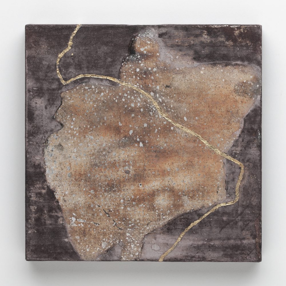 65_Dancing WIth Kintsugi, Oxidized Japanese silver leaf, mineral pigments, gold leaf on paper on panel, 6 x 6 inches