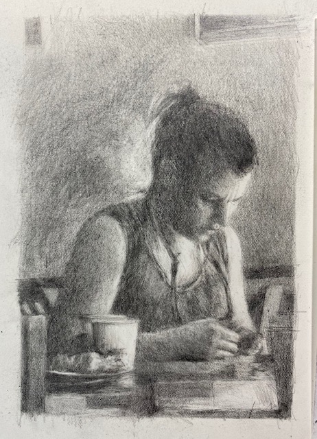 sketch of a girl at a coffee shop