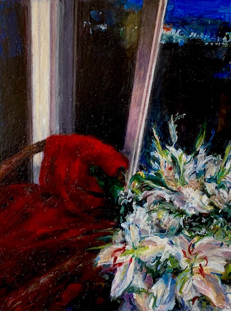 the window at night with lilies